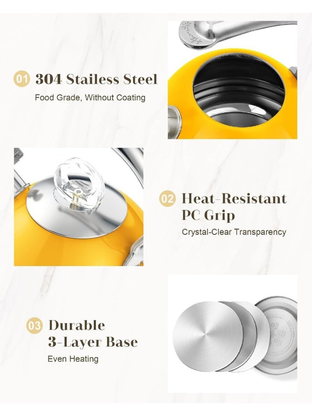 2.5 Qt Stainless Steel Whistling Tea Kettle for Gas, Electric Induction Yellow - Picture 4 of 7
